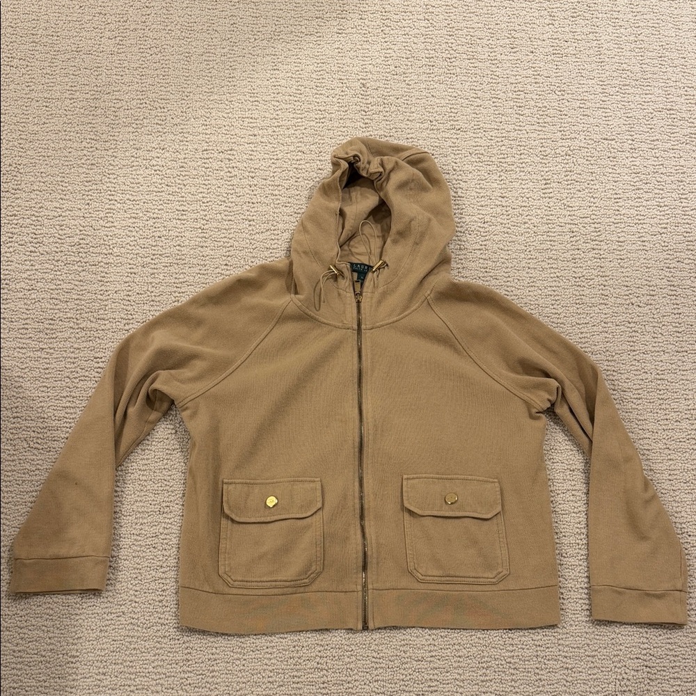 Vintage Lauren Ralph Lauren Women’s Knit Hooded Zip Up with Gold Details XL